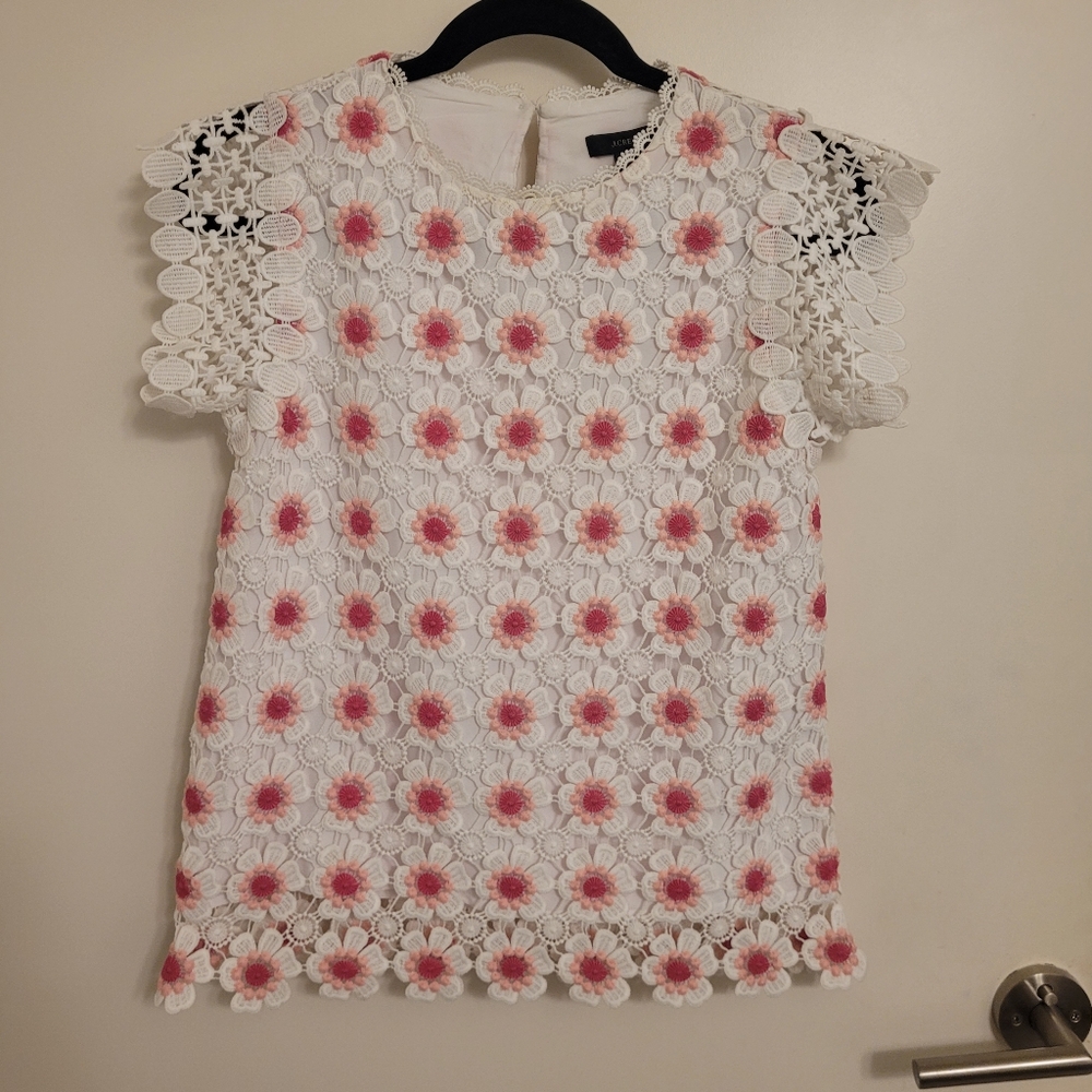 NWT J. Crew Women's Floral Lace Top- White and Pink